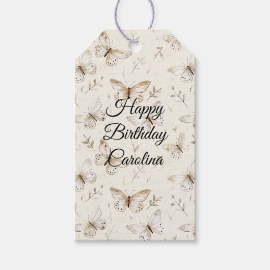 大人かわいいクリーム色の蝶々の誕生日 ギフトタグ (正面)