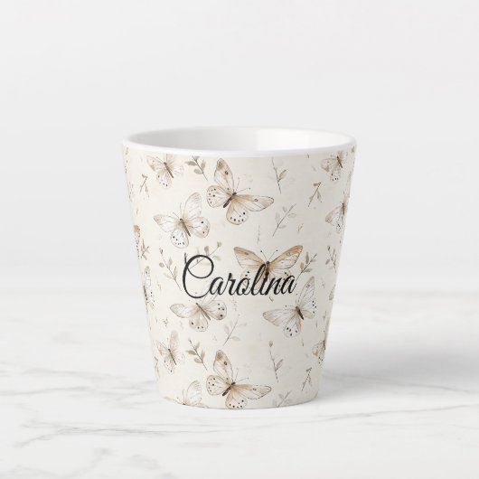 大人かわいいクリーム色の蝶 バースデー カフェラテマグ (正面)