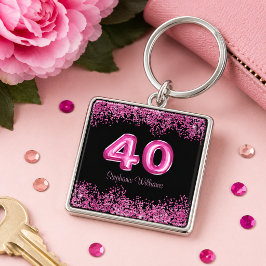 大人かわいいピンクグリッター ブラック 40歳の誕生日 キーホルダー
