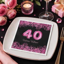 大人かわいい黒とピンクのラメ 40歳の誕生日パーティー スタンダードカクテルナプキン