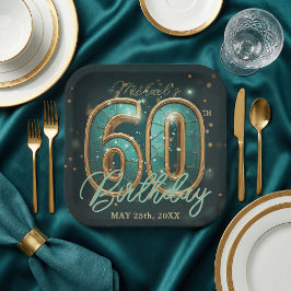 大人っぽいおしゃれなターコイズブルーとゴールドの60歳の誕生日パーティー ペーパープレート