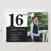 大人っぽいおしゃれな黒の16歳の誕生日招待状 招待状 (正面)