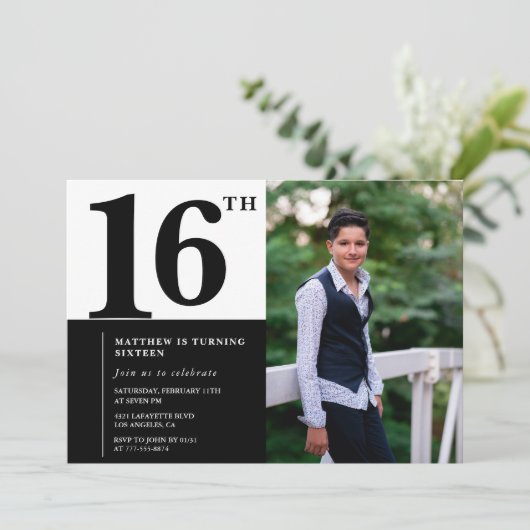 大人っぽいおしゃれな黒の16歳の誕生日招待状 招待状 (スタンド正面)