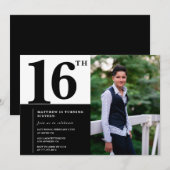大人っぽいおしゃれな黒の16歳の誕生日招待状 招待状 (正面/裏面)