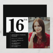 大人っぽいおしゃれな黒の16歳の誕生日招待状 招待状 (正面/裏面)