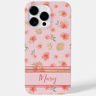 大人っぽいカスタマイズ可能なフェミニンなピンクの花とストライプ Case-Mate iPhone 14 PRO MAXケース