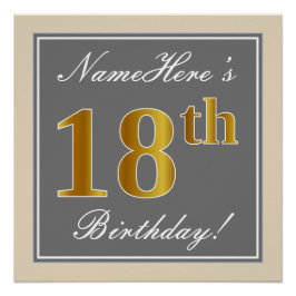 大人っぽいグレーとゴールド調の18歳の誕生日+名前 ポスター