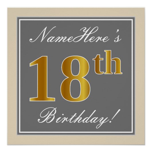 大人っぽいグレーとゴールド調の18歳の誕生日+名前 ポスター (正面)