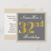 大人っぽいグレーとゴールド調の32歳の誕生日+名前 招待状 (正面/裏面)