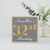 大人っぽいグレーとゴールド調の32歳の誕生日+名前 招待状 (スタンド正面)