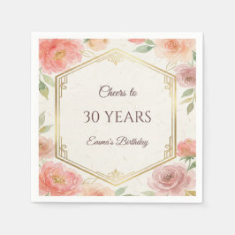 大人っぽいコーラルピンクの花とローズゴールドの30歳の誕生日 スタンダードカクテルナプキン