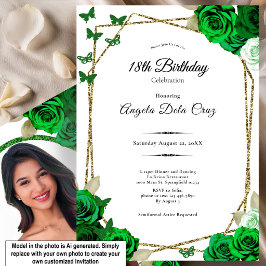 大人っぽいゴールドとグリーンのバラの18歳の誕生日デビュー 招待状