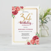 大人っぽいゴールドのチークフラワー 34歳の誕生日パーティー 招待状 (スタンド正面)