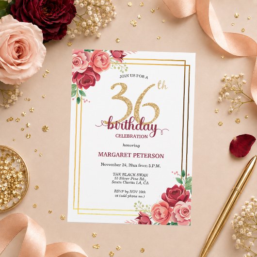 大人っぽいゴールドのチークフラワー 36歳の誕生日パーティー 招待状