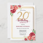 大人っぽいゴールドのルージュフラワー20歳の誕生日パーティー 招待状 (正面)