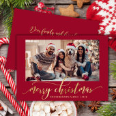 大人っぽいゴールドの筆記体クリスマスカード 赤 1枚写真 シーズンカード