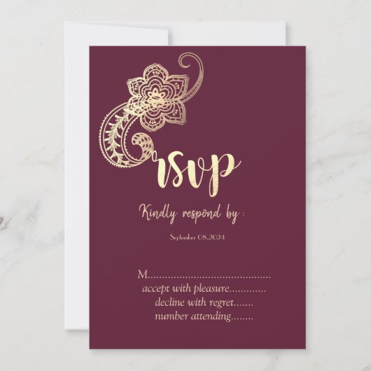 大人っぽいゴールドペイズリーRSVP 招待状 (正面)