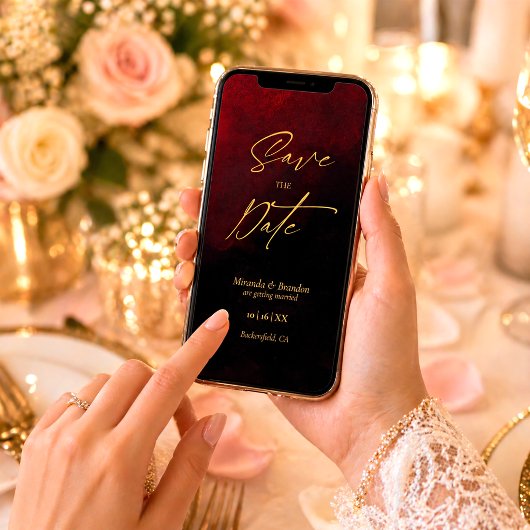大人っぽいゴールド・ブラック・レッドの結婚式の事前お知らせカード セーブザデート