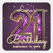 大人っぽいスパーキングパープルクリスタルの21歳の誕生日パーティー スクエアシール (正面)