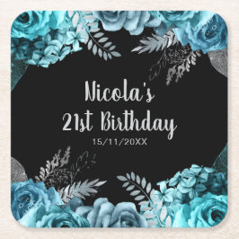 大人っぽいティールブルーとシルバーの花の誕生日パーティー スクエアペーパーコースター