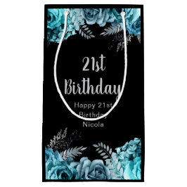 大人っぽいティールブルーとシルバーの花の誕生日パーティー スモールペーパーバッグ