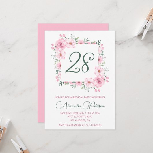 大人っぽいデザインの28歳の誕生日招待状 ピンクの花 招待状 (正面/裏面インサイチュ)