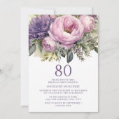 大人っぽいパープルとピンクの花柄の80歳の誕生日 招待状 (正面)