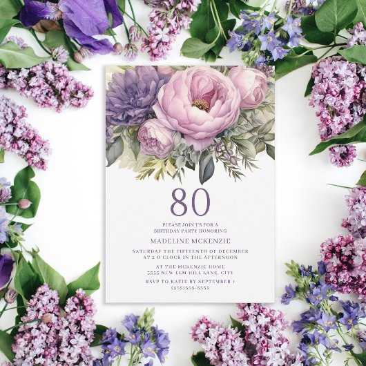 大人っぽいパープルとピンクの花柄の80歳の誕生日 招待状