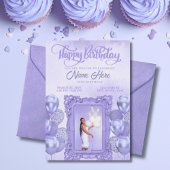 大人っぽいパープルのおしゃれな写真入りティーンの誕生日 招待状