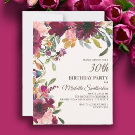 大人っぽいパープル ピンク ゴールドの花 30歳の誕生日 招待状