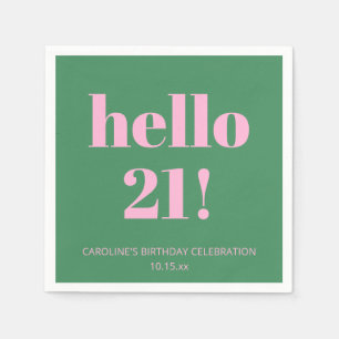 大人っぽいピンクとグリーンのモダンな21歳の誕生日デザイン スタンダードカクテルナプキン
