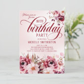 大人っぽいピンクとワインレッドの花柄が華やかな80歳の誕生日 招待状 (スタンド正面)