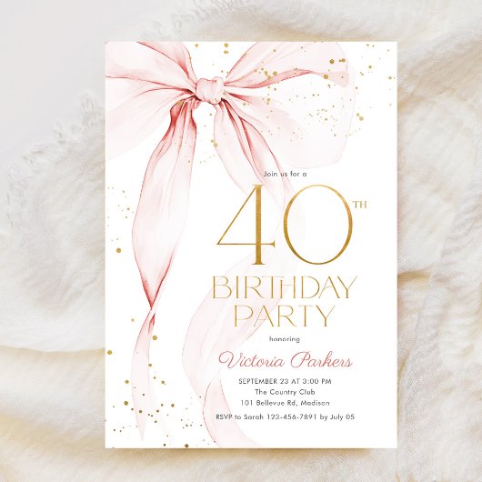 大人っぽいピンクのリボンの40歳の誕生日招待状 招待状