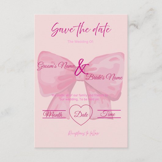 大人っぽいピンクのリボン付き"Save the Date" ウェディング 招待状 (正面)