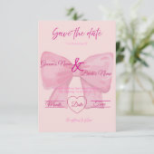 大人っぽいピンクのリボン付き"Save the Date" ウェディング 招待状 (スタンド正面)