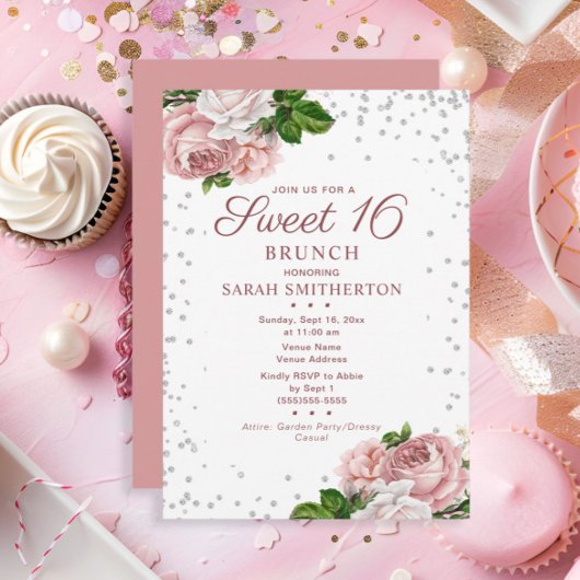 大人っぽいピンクのヴィンテージ フラワーSweet 16ブランチ 招待状