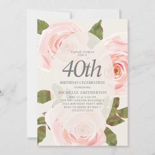大人っぽいピンクの春の花 40歳の誕生日 招待状 (正面)
