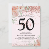 大人っぽいピンクの花とラメの50歳の誕生日パーティー 招待状 (正面)