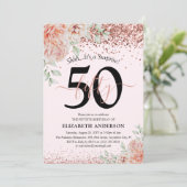 大人っぽいピンクの花とラメの50歳の誕生日パーティー 招待状 (スタンド正面)