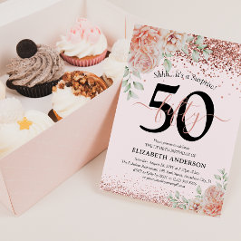 大人っぽいピンクの花とラメの50歳の誕生日パーティー 招待状