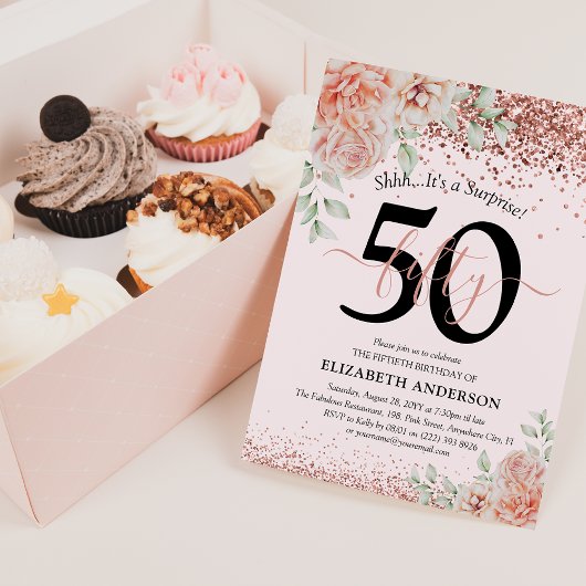 大人っぽいピンクの花とラメの50歳の誕生日パーティー 招待状