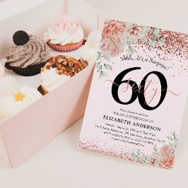大人っぽいピンクの花とラメの60歳の誕生日パーティー 招待状