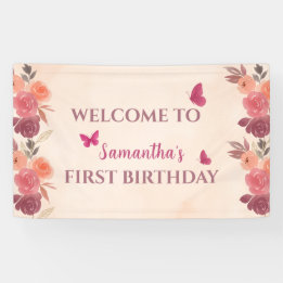 大人っぽいピンクの花と蝶の1歳の誕生日デザイン 横断幕