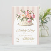 大人っぽいピンクの花のケーキのストライプの誕生日パーティー 招待状 (スタンド正面)