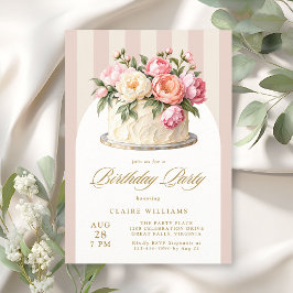 大人っぽいピンクの花のケーキのストライプの誕生日パーティー 招待状