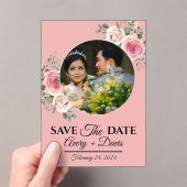 大人っぽいピンクの花のモダンな結婚式の延期・日程のお知らせ アクリル招待状 (インサイチュ (ポータブル))