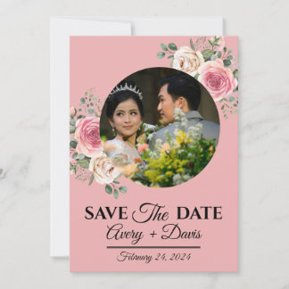 大人っぽいピンクの花のモダンな結婚式の延期・日程をお知らせするカード(Save the Date) 招待状
