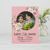大人っぽいピンクの花のモダンな結婚式の延期・日程をお知らせするカード（Save the Date） 招待状 (スタンド正面)