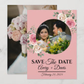 大人っぽいピンクの花のモダンな結婚式の延期・日程をお知らせするカード（Save the Date） 招待状 (正面/裏面)