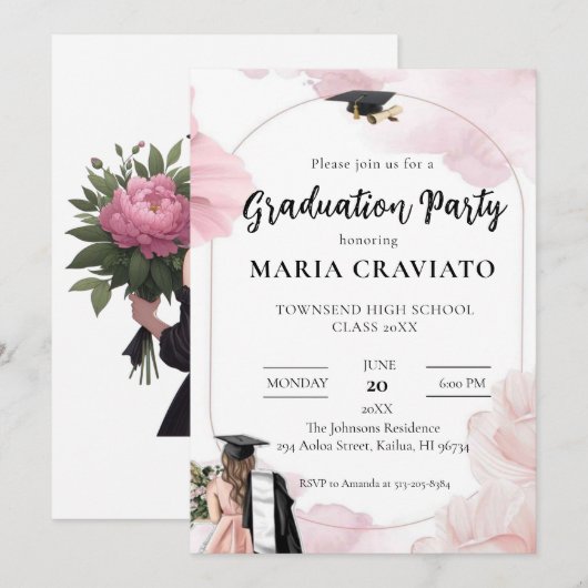 大人っぽいピンクの花の卒業パーティー招待状 招待状 (正面/裏面)
